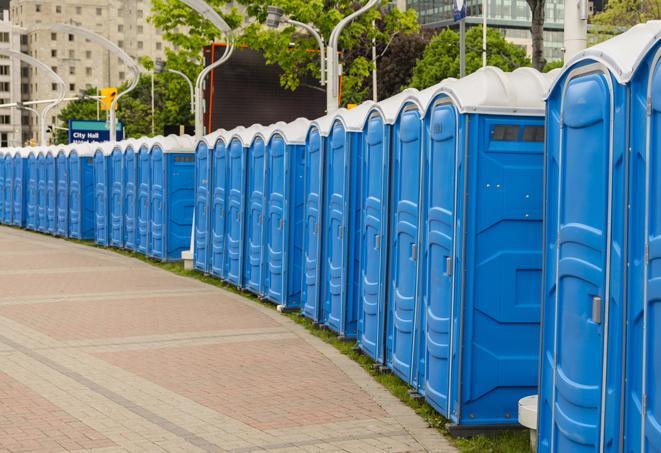 a row of portable restrooms at a trade show, catering to visitors with a professional and comfortable experience in East Berlin CT